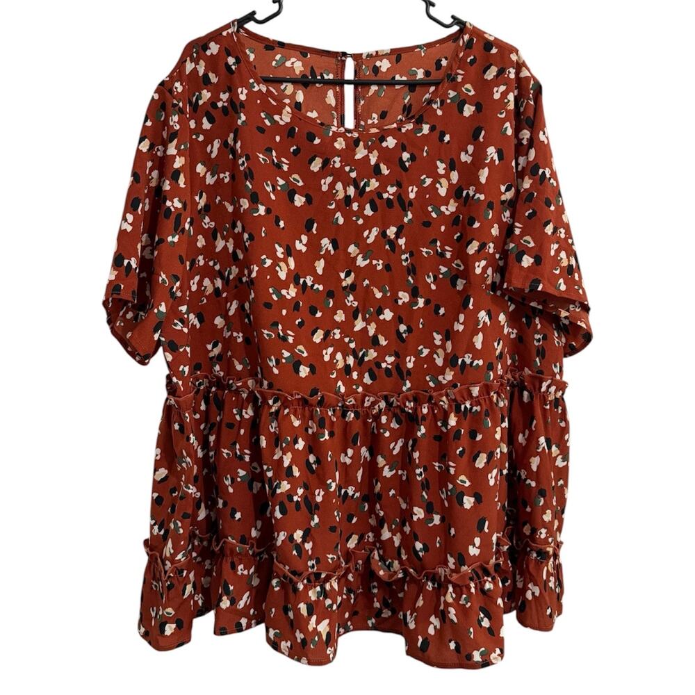 Emery Rose Women’s 4X Rust Floral Tiered Babydoll Blouse Plus Size Boho Top